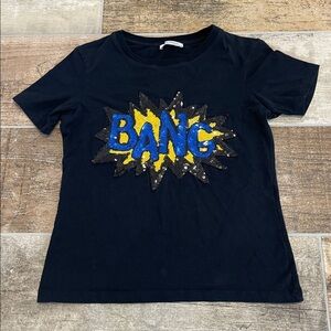 Zara Womens Black BANG Sequin T-Shirt Top Crew Neck Size Small S